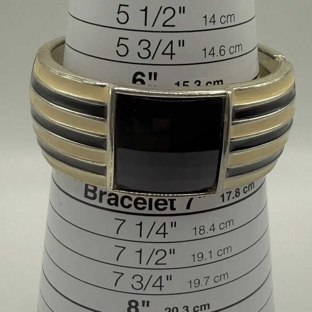 Vintage Black Cream Enamel Hinge Bracelet‎ Cuff Striped Silver Tone 6.75”